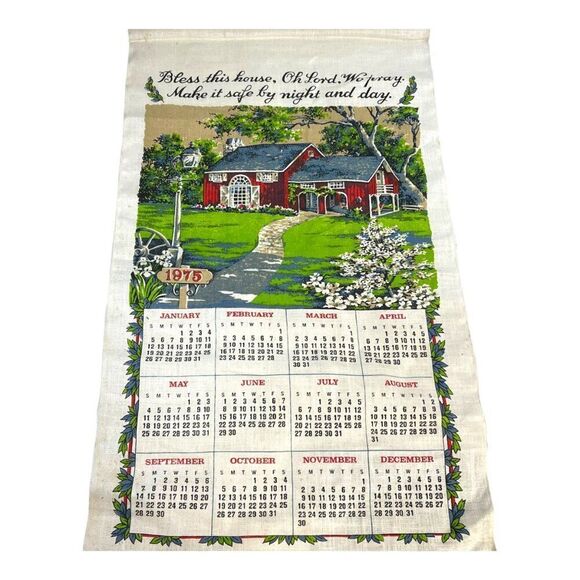 Vintage 1975 Linen Calendar Towel With Red Barn & Bless This House Print Retro - Picture 2 of 4
